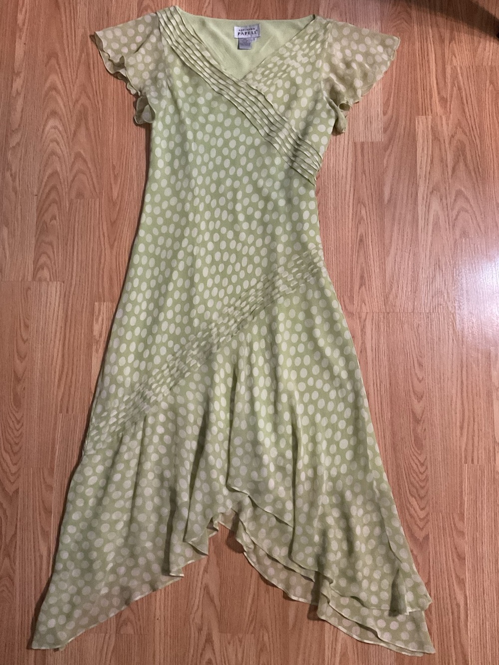 Sz 8 Adrianna Papell Feminine & Flowy Pale Green Polka Dot V-Neck High-Low Dress - Picture 3 of 8